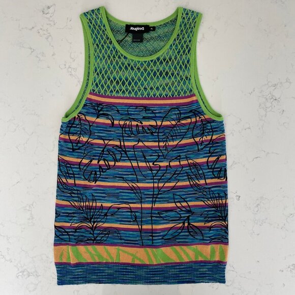 Desigual Knit Slvless Cotton Viscose Abstract Print Tank Top Multi Color M/L - Picture 2 of 11